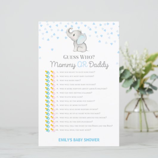 Boy Blue Elephant Baby Shower Game PRINTED (Stehend Vorderseite)