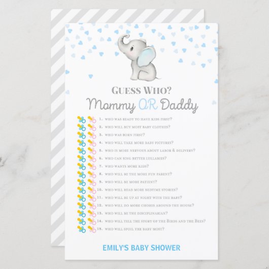Boy Blue Elephant Baby Shower Game PRINTED (Vorne/Hinten)