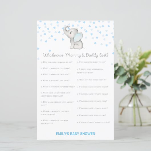 Boy Blue Elephant Baby Shower Game PRINTED (Stehend Vorderseite)