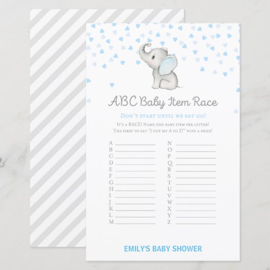 Boy Blue Elephant Baby Shower Game PRINTED (Vorne/Hinten)