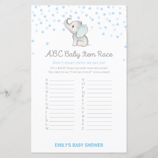 Boy Blue Elephant Baby Shower Game PRINTED (Vorderseite)