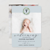 Boy Blue Eucalyptus Greenery Monogram Baby Birth Ankündigung (Vorne/Hinten)