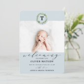 Boy Blue Eucalyptus Greenery Monogram Baby Birth Ankündigung (Stehend Vorderseite)