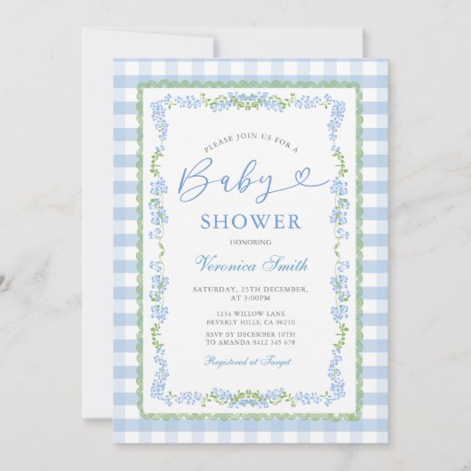 Boy Blue Floral Grandmillenial Baby Shower Gingham Einladung (Vorderseite)