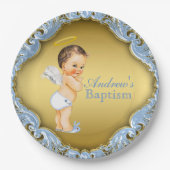 Boy Blue Gold Angel Taufe Christening Pappteller (Vorderseite)