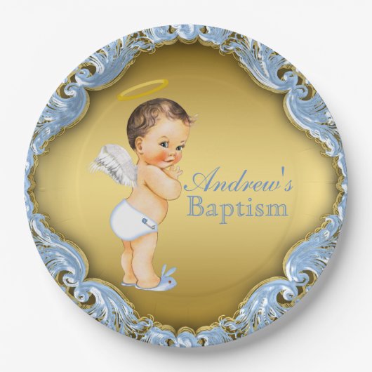 Boy Blue Gold Angel Taufe Christening Pappteller (Vorderseite)
