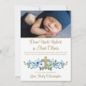 Boy Blue Gold Cross Foto Godparent Einladung (Vorderseite)