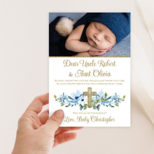 Boy Blue Gold Cross Foto Godparent Einladung