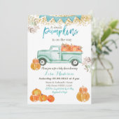 Boy Blue Green Mint Pumpkin Babydusche Einladung (Stehend Vorderseite)