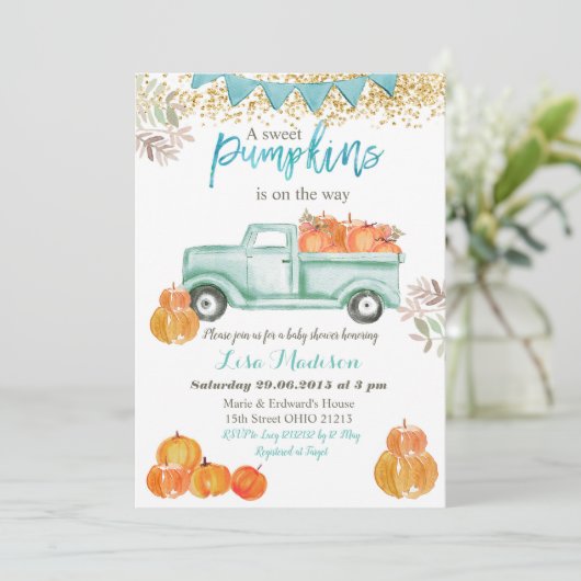 Boy Blue Green Mint Pumpkin Babydusche Einladung (Stehend Vorderseite)