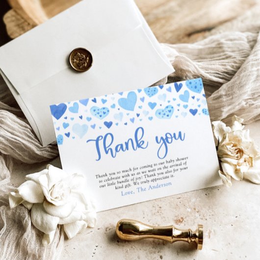 Boy Blue Hearts Valentine Sweetheart Baby Shower Dankeskarte