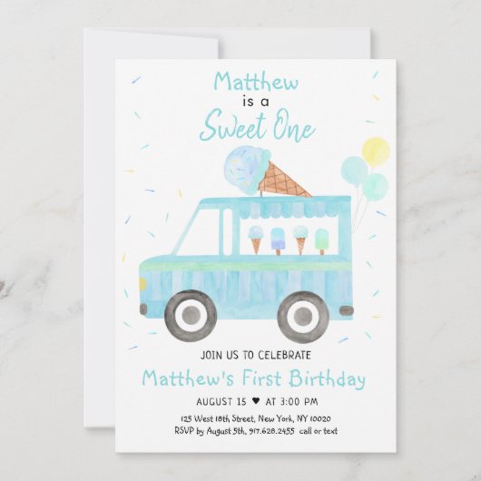 Boy Blue Ice Cream Truck Sweet One Birthday Einladung (Vorderseite)