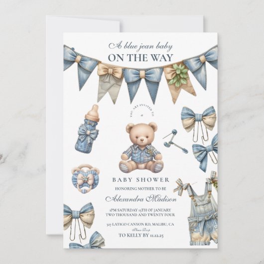 Boy Blue Jean Baby Denim Baby Shower Einladung (Vorderseite)