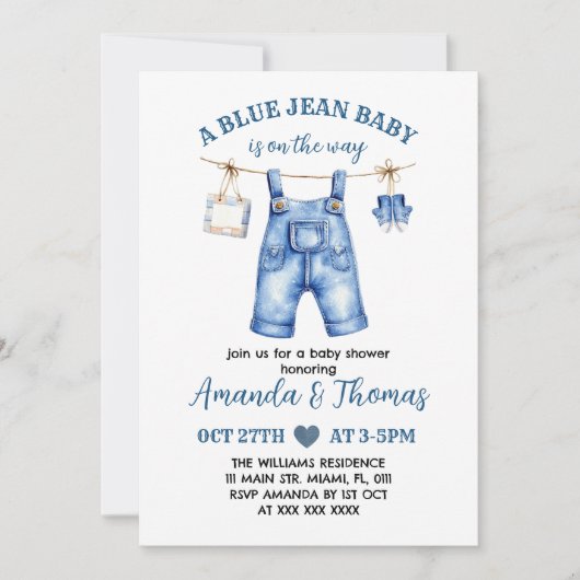 Boy Blue Jean Baby Shower Einladung (Vorderseite)