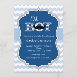 Boy Blue Mustache Zickzack Baby Dusche Einladung