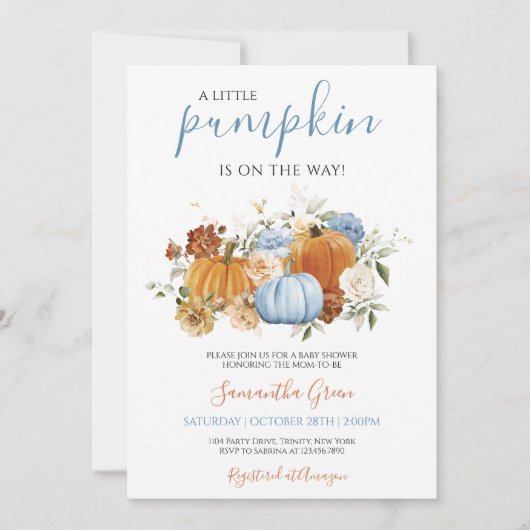 Boy Blue Pumpkin Baby Dusche Einladung (Vorderseite)