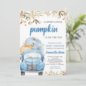 Boy Blue Pumpkin Truck Baby Dusche Einladung (Stehend Vorderseite)