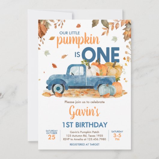 Boy Blue Pumpkin Truck Fall Birthday Einladung (Vorderseite)