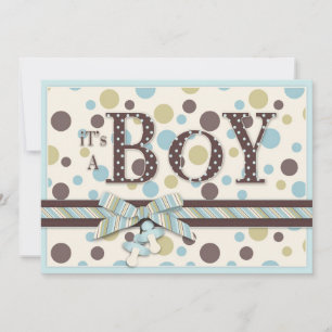 BOY Blue Sage Brown Dots Babydusche Einladung