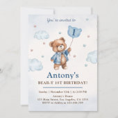 Boy Blue Teddy Bären Balloons erste Geburtstag Einladung (Vorderseite)