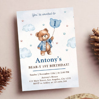 Boy Blue Teddy Bären Balloons erste Geburtstag Einladung