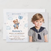 Boy Blue Teddy Bear Balloons Erstes Geburtstags-Fo Einladung (Vorderseite)