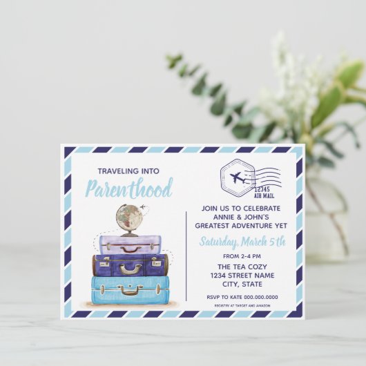 Boy Blue Travel Baby Dusche Einladung (Stehend Vorderseite)