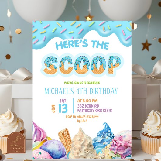 Boy Blue Tropfen Hier ist die Scoop Birthday Party Einladung