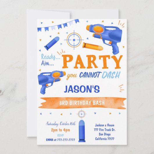 Boy Blue und Orange Dart Gun Einladung (Vorderseite)