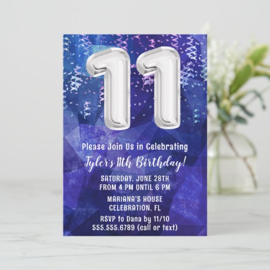 Boy Blue White 11. Geburtstag Einladung (Stehend Vorderseite)