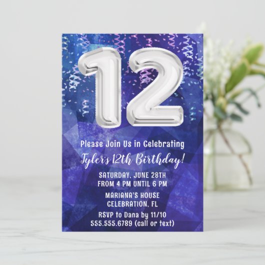 Boy Blue White 12. Geburtstag Einladung (Stehend Vorderseite)