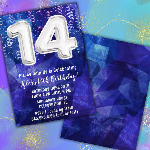 Boy Blue White 14. Geburtstag Einladung