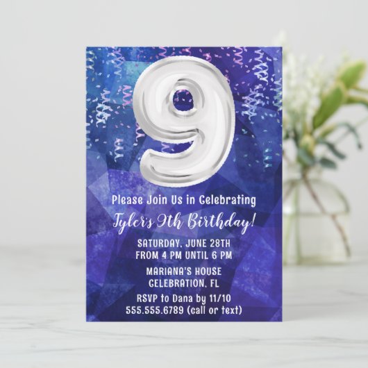 Boy Blue White 9. Geburtstag Einladung (Stehend Vorderseite)