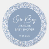 Boy Blue White Toile Blumenmuster Babydusche Runder Aufkleber (Vorderseite)