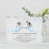 Boy Blue Winter Christmas Baby Shower Animals Einladung (Stehend Vorderseite)