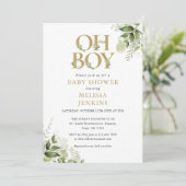 Boy Botanical Greenerenery Gold Baby Dusche Einladung (Stehend Vorderseite)