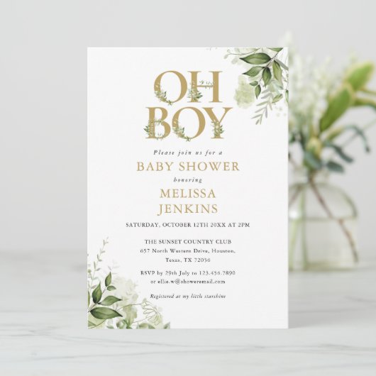 Boy Botanical Greenerenery Gold Baby Dusche Einladung (Stehend Vorderseite)