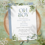 Boy Botanical Greenery Dusty Blue Baby Dusche Einladung<br><div class="desc">Ach,  Junge Duscheinladung mit eleganter,  staubblauer Typografie und hübschem botanischem Grün. Entwickelt von Thisisnotme©</div>