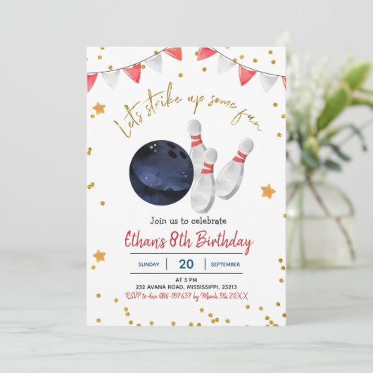 Boy Bowling Birthday Einladung (Stehend Vorderseite)