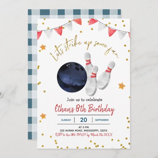 Boy Bowling Birthday Einladung (Vorne/Hinten)