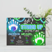 Boy Bowling Invitation Glow Neon Joint Birthday Einladung (Stehend Vorderseite)