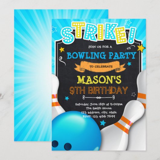 Boy Bowling Nachteinladung Einladung (Vorne/Hinten)