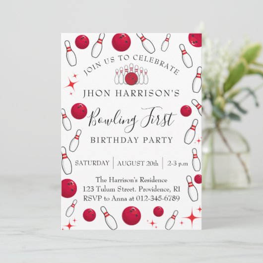 Boy Bowling Party 1st Birthday Einladung (Stehend Vorderseite)