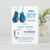 Boy Boxing Handschuhe Blue Baby Shower Einladungen (Stehend Vorderseite)