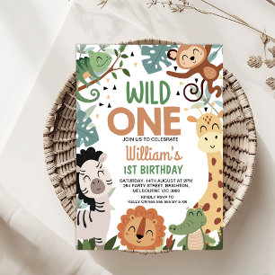 Boy Brown Green Safari Wild 1. Geburtstag Einladung