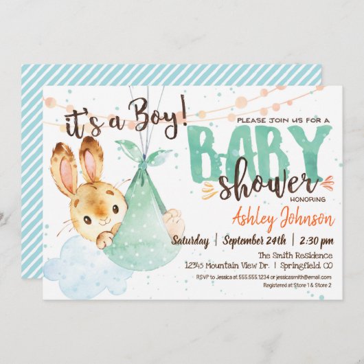 Boy Bunny Baby Shower Einladung (Vorne/Hinten)