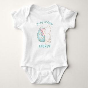 Boy Bunny & Blue Egg 1. Ostern Personalisiert Name Baby Strampler