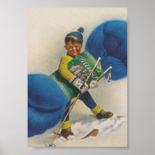 Boy Carried Giant Skein of Yarn Vintag Poster