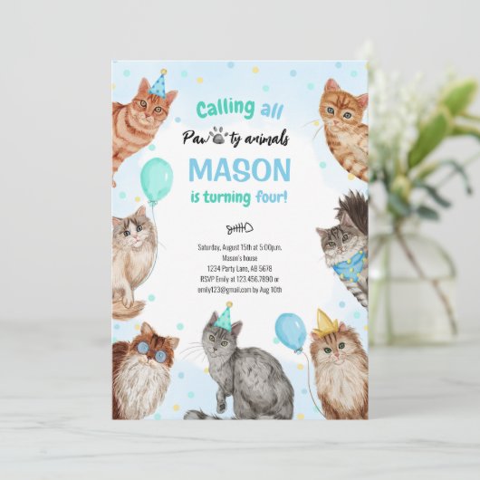 Boy Cat Pawty Animals Geburtstag Einladung (Stehend Vorderseite)