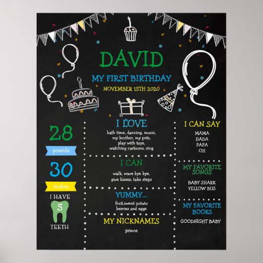 Boy Chalkboard First Birthday Milestone Poster (Vorne)